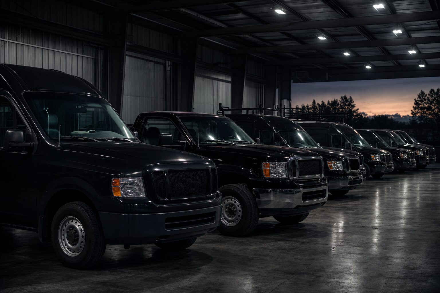 Row of commercial fleet vehicles parked inside a service bay
