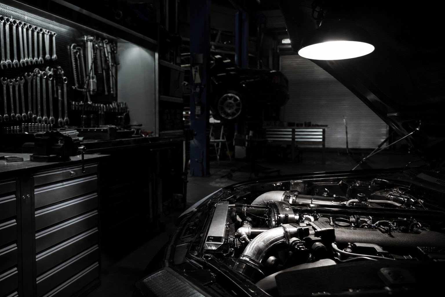 Engine bay lit dramatically inside the 480 Auto Repair garage at night