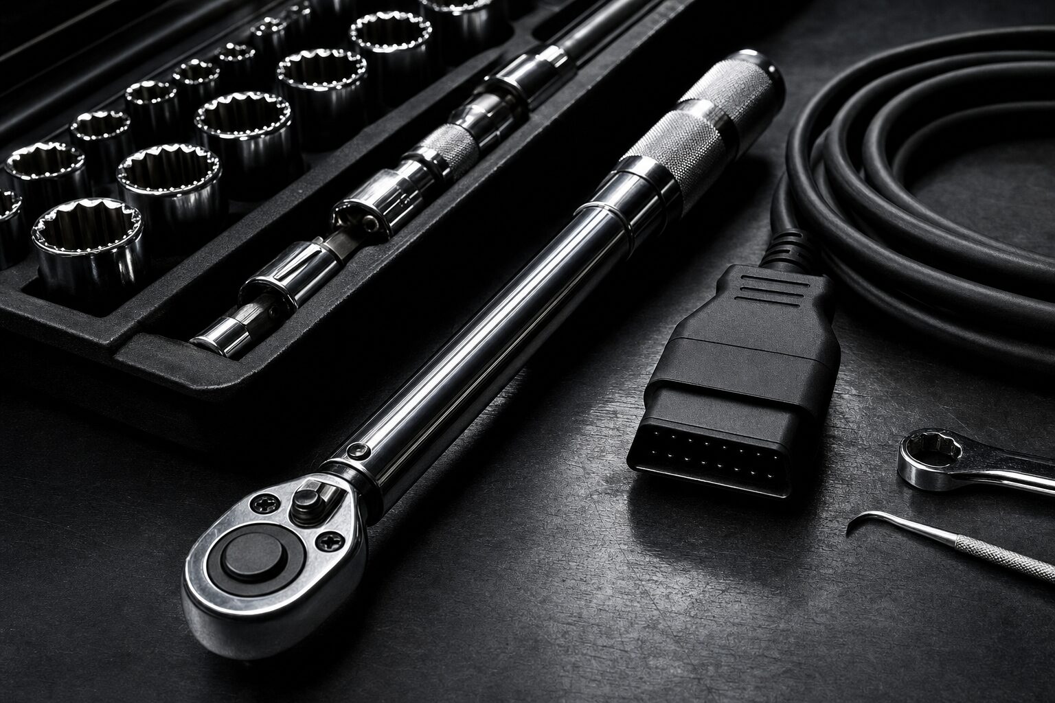 Chrome hand tools and a diagnostic scanner on a dark workbench